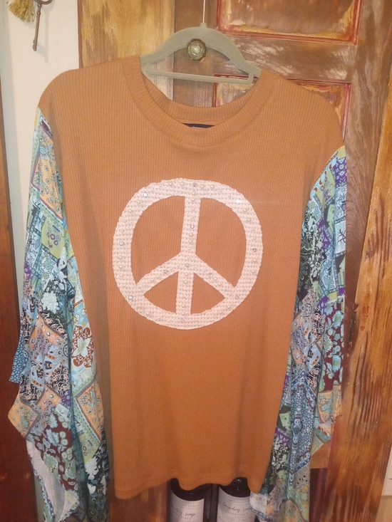 Davi&Dani Tops - DAVI & DANI Rust Tunic with Sequin Peace Sign and Multicolor Patterned Sleeves